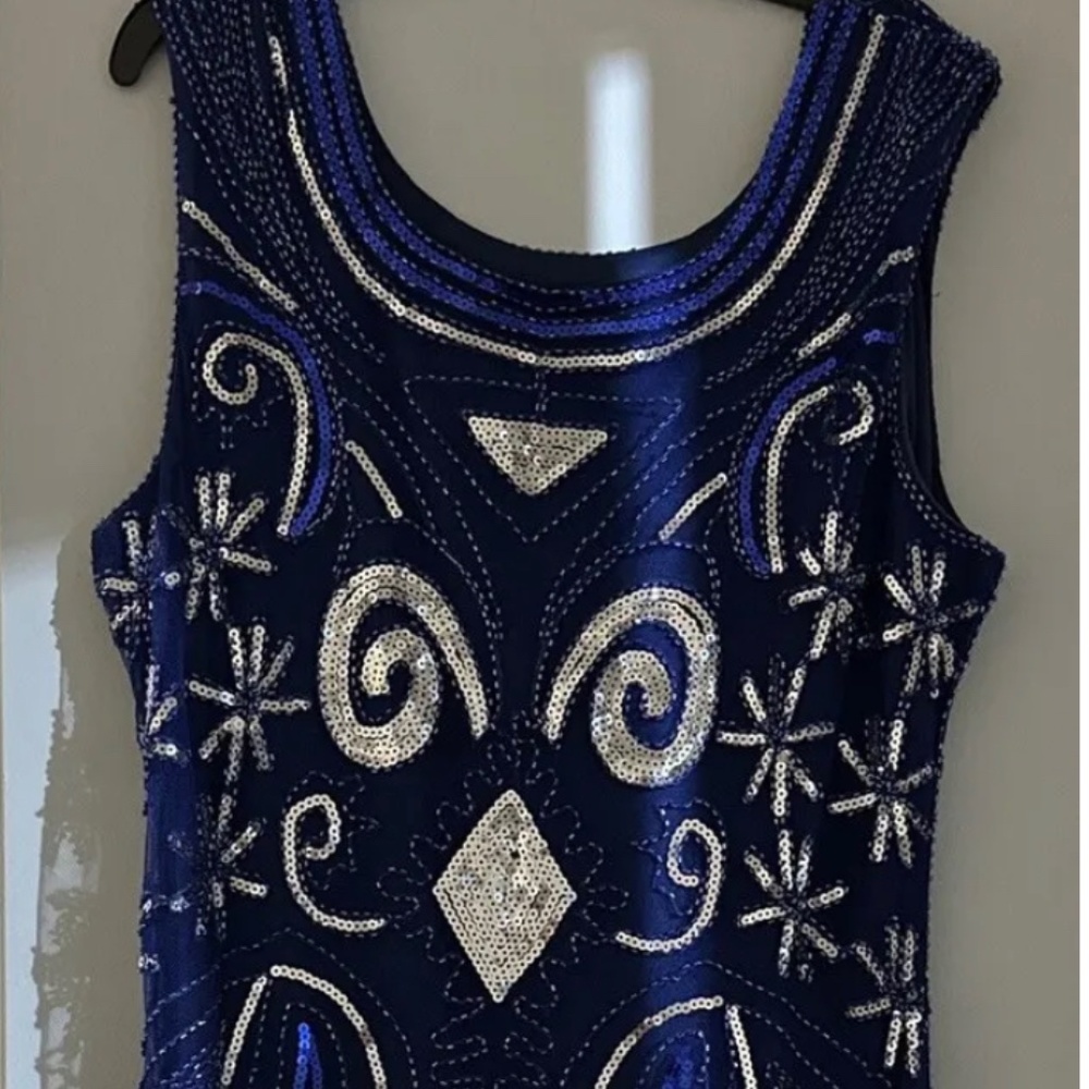 Blue 20’s  Style Fringed Gatsby Sequin Beaded Tassell Hem Flapper Dress Size 12
